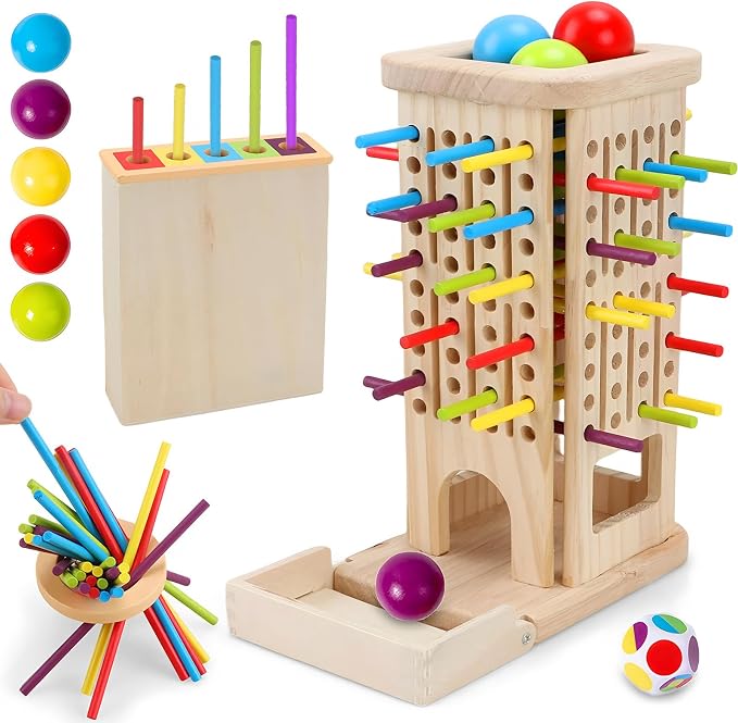 Montessori Wooden Board Games for Kids 3-8 Years, Educational Toys | Fine Motor Skills Toys for 5 Year Old, 40 Colorful Wooden Sticks, 12-Sided Dice, Math Toys, Family Games for Kids and Adults