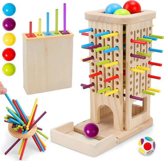 Montessori Wooden Board Games for Kids 3-8 Years, Educational Toys | Fine Motor Skills Toys for 5 Year Old, 40 Colorful Wooden Sticks, 12-Sided Dice, Math Toys, Family Games for Kids and Adults