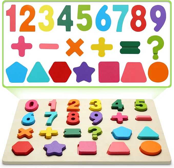 Wooden Number Shape Puzzles, Math Learning Toys for Toddlers | Thick Easy-Grip Solid Wood Letters, Preschool Early Learning Activities, Montessori Birthday Gift for Girls & Boys