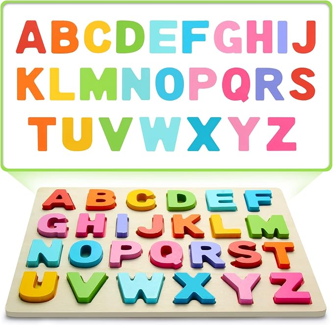 Wooden Alphabet Puzzles, ABC Learning Toys for Toddlers | Thick Easy-Grip Solid Wood Letters, Preschool Early Learning Activities, Montessori Birthday Gift for Girls & Boys