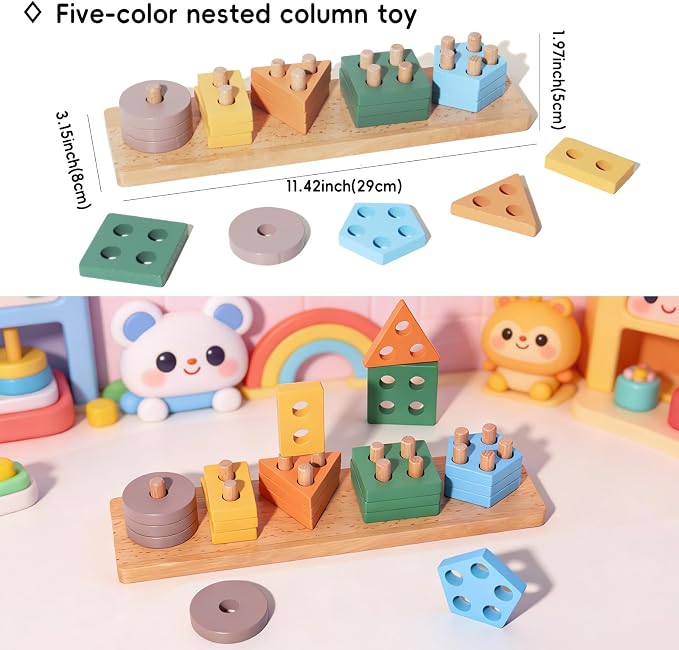 BESTAMTOY 5 in 1 Wooden Educational Learning Toy Set, Montessori Toys for 1 2 3 Year Old,Baby Rain Stick Sensory Fine Motor Skills Toys, Shape Sorter Stacking Puzzle Gifts for Toddlers Boys Girls