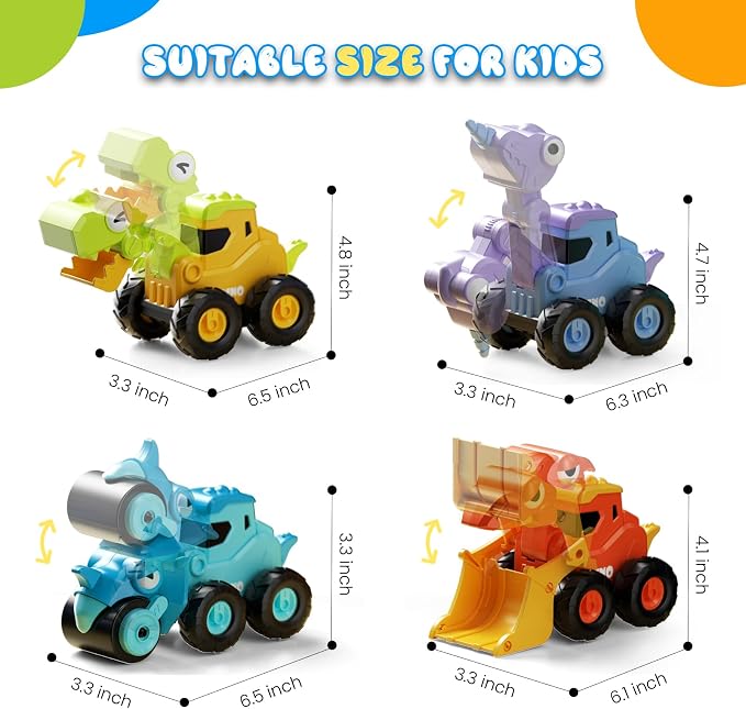 Dinosaur Construction Truck Toys for Toddler Boy Kid | Press and Go Dino Toy Truck,Sandbox Beach Toys,Chrstmas Birthday Gifts for 2 3 4 5 Year Old Boys Girls