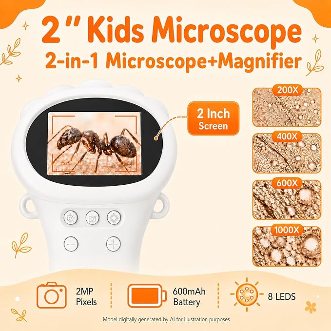 1000X Microscope for Kids, 2'' Screen Kids Wonder Quest Microscope Camera | , Digital Handheld Microscope, Educational Kids Magnifying Glass, Christmas Birthday Gifts for Age 3 4 5 6 7 8 9 10- White