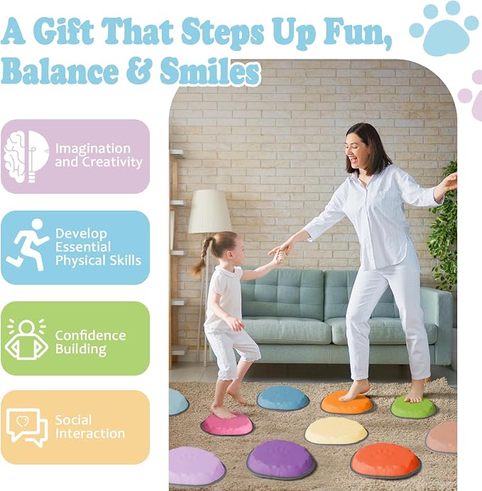 Stepping Stones for Kids, 10 PCS Non-slip Toddlers' Balance Sensory Toys, Indoor & Outdoor Play, Obstacle Course Game for Children Promoting Coordination and Motor Skills, Ages 3 4 5 6 7 8+
