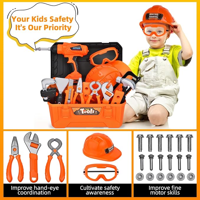 48 PCS Realistic Kids Tool Set with Hard Toolbox & Battery Powered Toy Drill, Pretend Play Toddler Tool Kit Construction Toys with Hard Hat for Boys & Girls Age 3-8