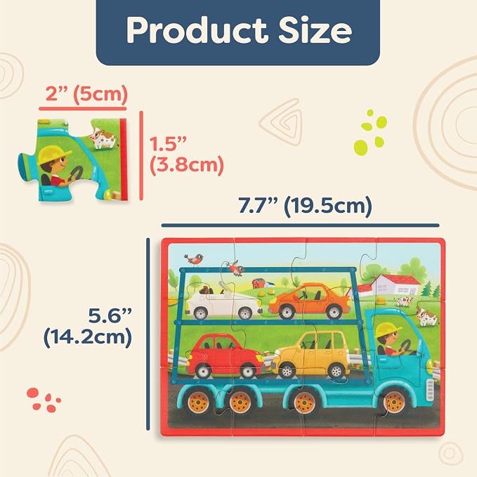 B. toys Wooden Puzzle Set, Pack o' Puzzles Trucks, 4 x 12 Pieces, Wood Toys | 4 truck-themed wooden with storage box, color-coded backs, easy-hold pieces, 48 puzzle pieces, Trucks, Wood Toys, 3+ Years