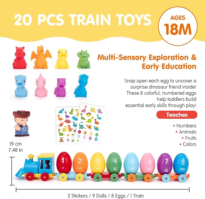 hahaland Montessori Dinosaur Train Set, Learning Toy for Toddlers Ages 2-3 | 22-piece set with 8 dinosaurs, 8 numbered sorting eggs, a buildable train, 2 dinosaur stickers and an adventurer figure.