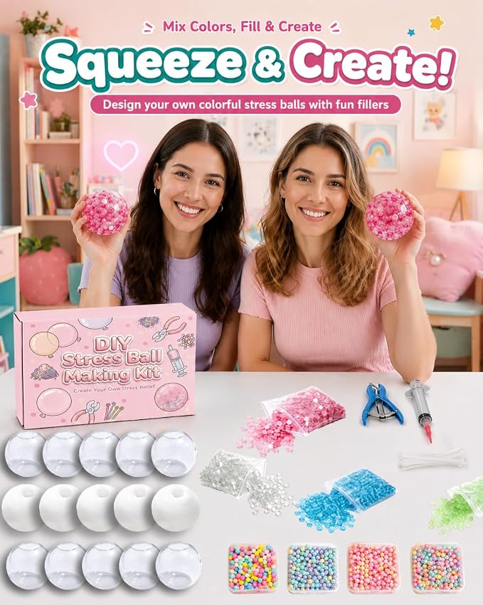 DIY Stress Ball Making Kit, Squishy Maker Kit with 15 TPR Ball Skins, 8 Types of Fillers, Air Pump Vacuum Tool & 20 Cable Ties, Make Your Own Squishies for ASMR Anxiety Relief Sensory Fidget Toys