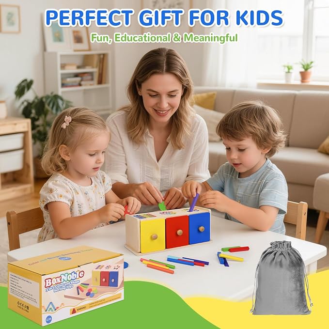 Wooden Montessori Toys for 1+ Year Old, Fine Motor Skills Sensory Preschool Learning Educational Toys, 3 in 1 Color Sorting Drawer Box Toddler Gifts for Boys & Girls 12-36 Months