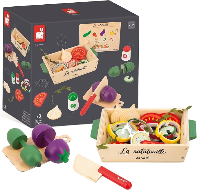 JANOD Ratatouille J06626 J06626 Set of 32 Kitchen Accessories with Recipe, Utensil and Imitation Vegetables, FSC Wooden Toy, Ages 3 and Above, Multi-Coloured