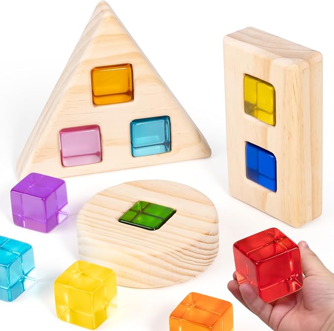 Woodtoe Large Rainbow Gem Blocks, 16 PCS Stacking Blocks for Toddlers 1-3 | Includes 3 Wooden Shapes, Montessori Sensory Toy, Creative Acrylic Blocks, No Choking Hazard, Birthday Gift for 1 2 3 Years