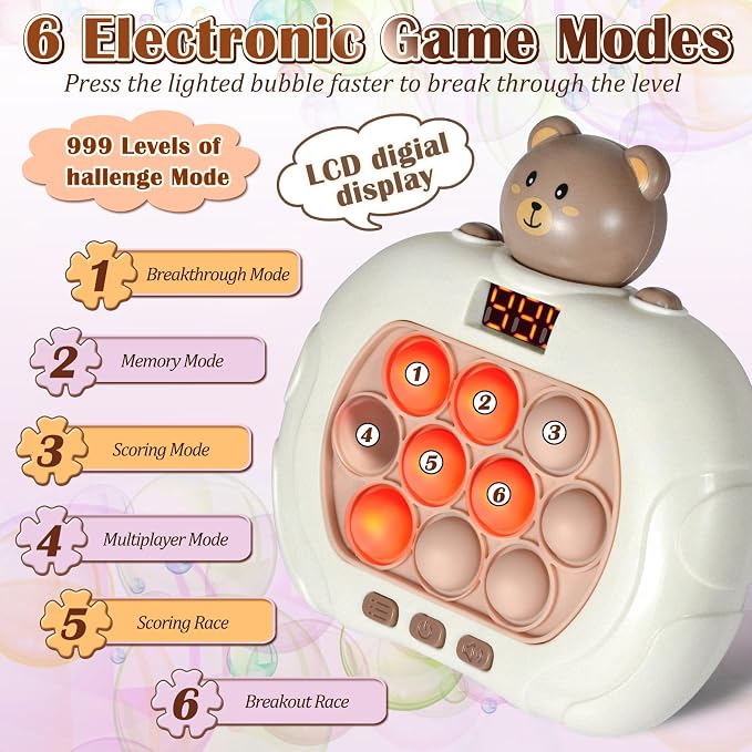 GAPER GO Pop Game Light Up Fidget Toy for Kids 5-7 8-12, Handheld Puzzle Game Sensory Toys with LED Screen, Christmas Toys Gifts for 3-12 Year Old Boys Girls (Bear)