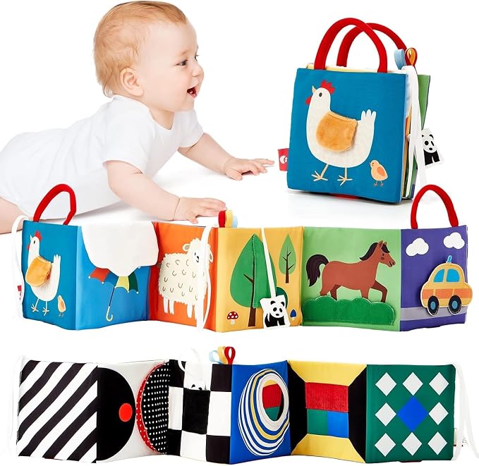 hahaland Baby Books Double-Sided High Contrast Newborn Toys | Baby Tummy Time Books 0-6 Months with Crinkle, Squeaky Sounds, Touch Feel, Visual Stimulation
