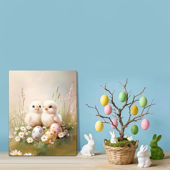 HOURIA Spring Easter Framed Canvas Wall Art(Set of 6,12”x16”), Bunny Chicks Easter Wall Decor, Vintage Tulip Cherry Blossom Spring Decorations for Home Living Room
