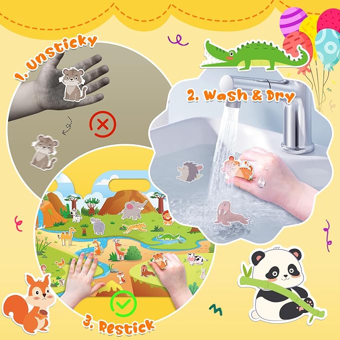 Jelly Sticker Books for Kids 2-4,5 Set Reusable Sticker Activity Books for Toddler 1-3, Travel Toys for 2+ Boy Girl (6 Set - Animals+Vehicles+Ocean Animals+Sports+Kitchen Fun+Horse Riding)