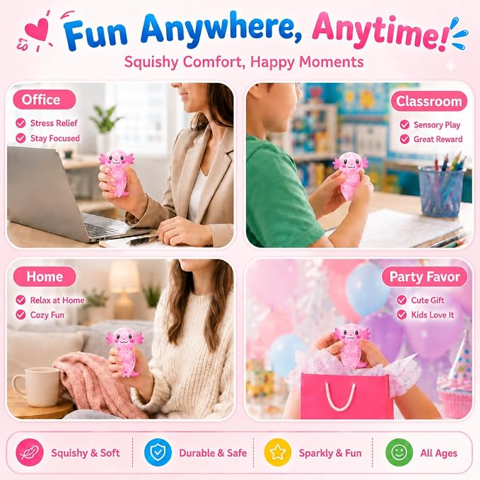 Axolotl Squishy Stress Ball, Soft TPR Slow Rising Squeeze Toy, Cute Axolotl Fidget Toy for Stress Relief, Anxiety Calming Sensory Toy for Kids Adults(Pink Long Tail Axolotl)