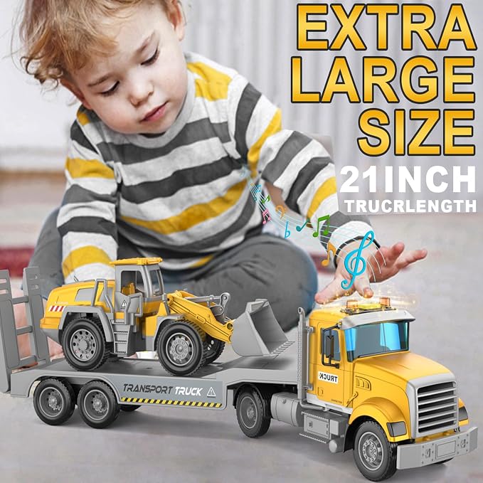 DOWELLIN Transport Truck Toys for Kids, Includes Semi Carrier Car and Bulldozer Trucks, Cars Toy Vehicle Birthday Gift for 3+ Years Old Boys Girls Child