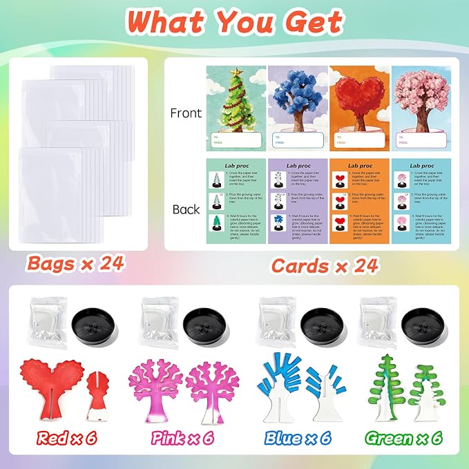 24 Pcs Growing Crystal Trees Bulk with Cards for Kids STEM Science Experiment Kit Party Favors Classroom Prizes Goodie Bags Stuffers Gifts Exchange for Boys and Girls