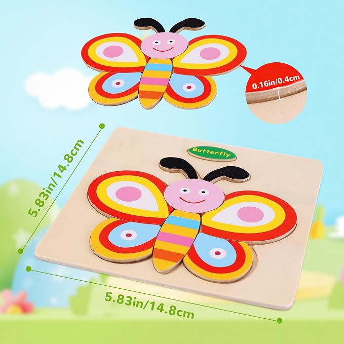 8 Pack Wooden Animal Puzzles for Kids Ages 3-5, Chunky Jigsaw Puzzle Set with Dinosaur, Panda, Crab, Elephant, Bear, Frog, Butterfly and Rabbit, Preschool Learning Toys for Boys and Girls