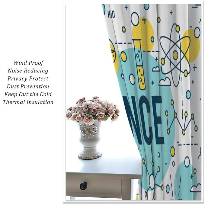 Science Symbols Kids Curtain Sketches Cartoon Chemistry Physics Geometry Education Pattern Print Window Drapes for Bedroom Living Room Kitchen Decor,2 Panel Set,42x54 Inch Blackout