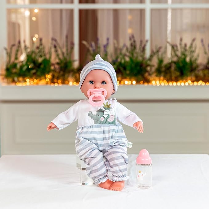 15" Realistic Soft Body Baby Doll with Open/Close Eyes | JC Toys - Berenguer Boutique | Bottle & Pacifier | Grey | Ages 2+