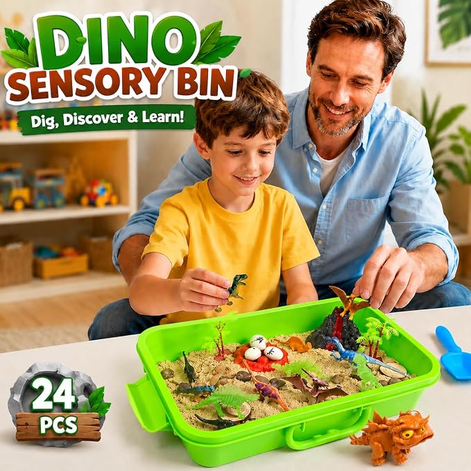 Carolart Dinosaur Sensory Bin, Sand Kit with Glow Dinosaurs & Sand | Dinosaur sandbox with sensory sand, volcano, Dinosaur Gift for boys girls 3-8