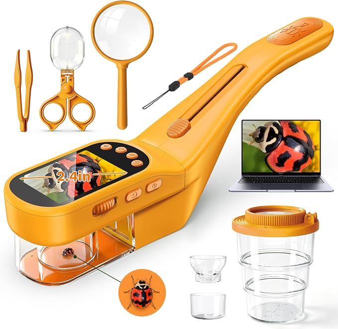 Bug Catcher for Kids with Microscope, Bug Catching Kit-Orange | Kids Microscope, Outdoor Toys with Magnifier, Tweezers & Insect Box, STEM Educational Birthday Gift for Kids Ages 3-12