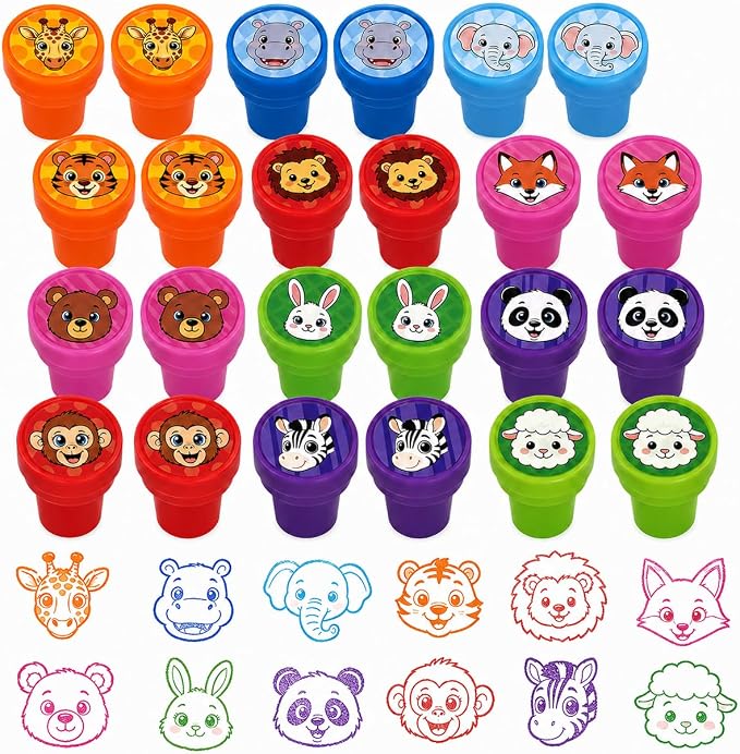 Cinrobiye 24 Pcs Animal Stampers for Kids, Pre-Inked Safari Zoo Party Favor Set, Animal Theme Birthday Party Supplies, Classroom Rewards, Goody Bags, Piñata Fillers