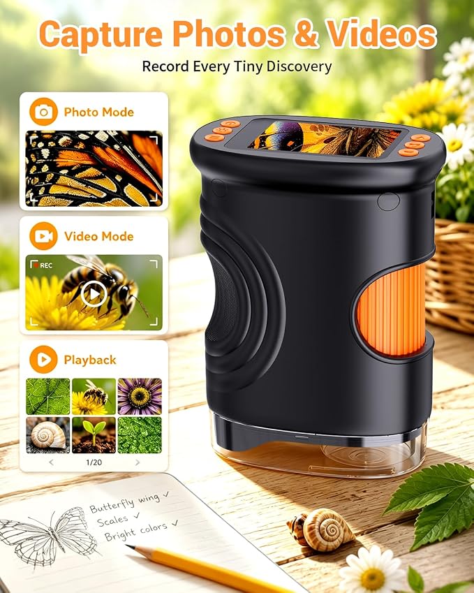Kids Magnifying Glass 2-inch Digital Handheld Microscope for Kids | Cool Gadgets Stuff, Toys Portable STEM Science Lab Gifts, Magnifier for Coin Collection Supplies, Black