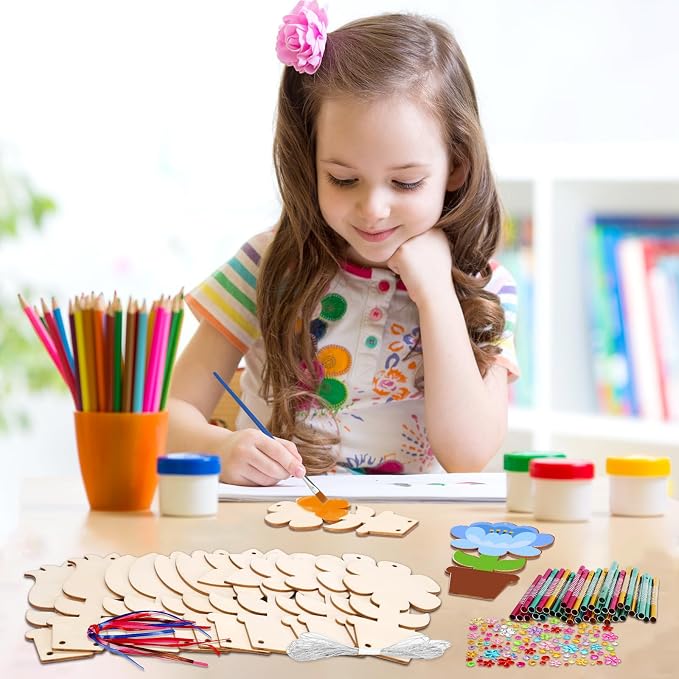 Fennoral 12 Pack Flower Wind Chime Craft for Kids Make You Own Flower Wind Chimes Ornaments DIY Coloring Wooden Art and Craft for Summer Classroom Art Activities Birthday Decorations