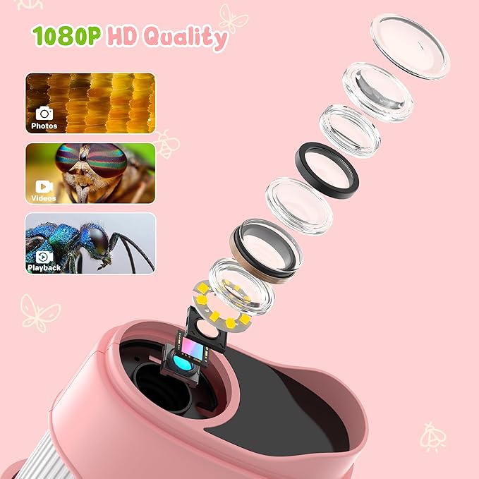 1000X Handheld Digital Microscope for Kids: Pocket Microscope with 2.0" IPS Screen - STEM Toys Birthday Gifts for Girls Boys - Portable Edu Science Kits Toddler Age 3-6 6-12 Pink