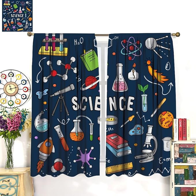 Science Physics Window Curtains, Abstract Math Chemistry Curtain Scientist Graffiti Print Window Treatments for Kids Teens Bedroom Living Room Kitchen Set 2 Panels,55x63 Inches