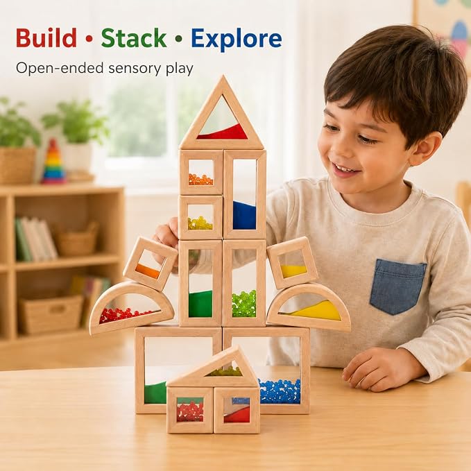 Rainbow Sensory Toys Blocks,15 Pcs Large Wooden Building Blocks for Toddlers Baby Kids,Colorful Geometric Stacking Toys, Preschool Educational Toy Set