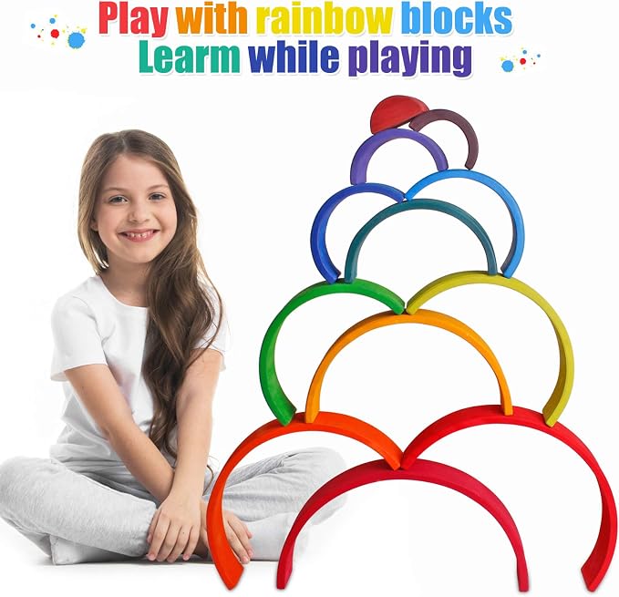 Dinhon Wooden Rainbow Stacking Toys, 12 Pcs Wood Building Blocks Set Wooden Building Blocks Nesting Puzzles, Early Matching Educational Learning Montessori Toys for Kids 3 4 5 6 Years and Up