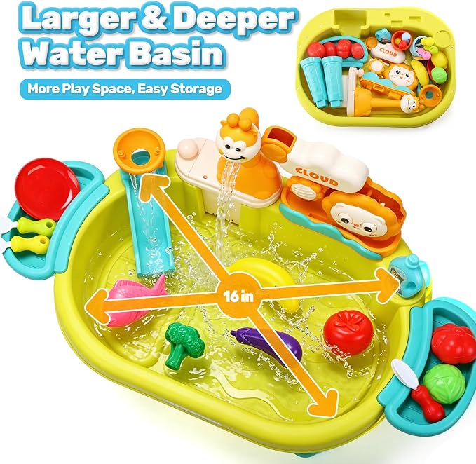CUTE STONE Play Sink with Running Water, Kitchen Sink Toy with Upgraded Electric Pump, Play Food & Tableware Accessories, Summer Outdoor Sensory Water Table Toy for Toddlers & Kids