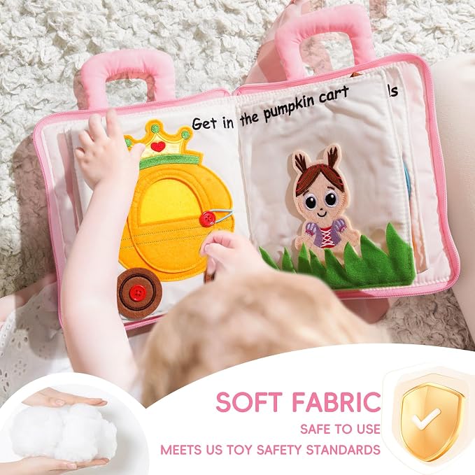 Jollybaby Baby Soft Busy Books - Princess Castle, Travel Toy & Montessori Sensory Educational, 10 Preschool Learning Activities for 2 3 4 Year Old Toddlers Boy Girl(Pink)