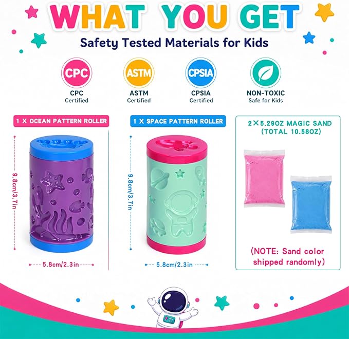DaoDaoZhu Sensory Sand Kit, Magic Sand Toys, Sensory Toys for Kids Toddlers | Ocean & Space Pattern Roller, 10.58oz Non-Toxic Stretch Magic Sand, Sensory Play Sand Toys, Christmas & Birthday Gifts
