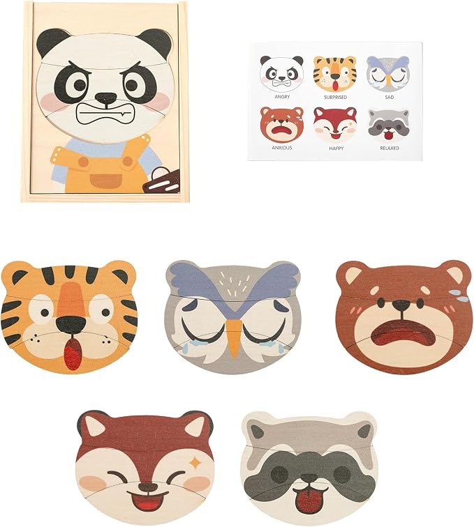 Emotion Animals Wooden Puzzle for Ages 3+, Mix-and-Match Animal Faces with Storage Box, Montessori Toy for Fine-Motor & Storytelling, Birthday