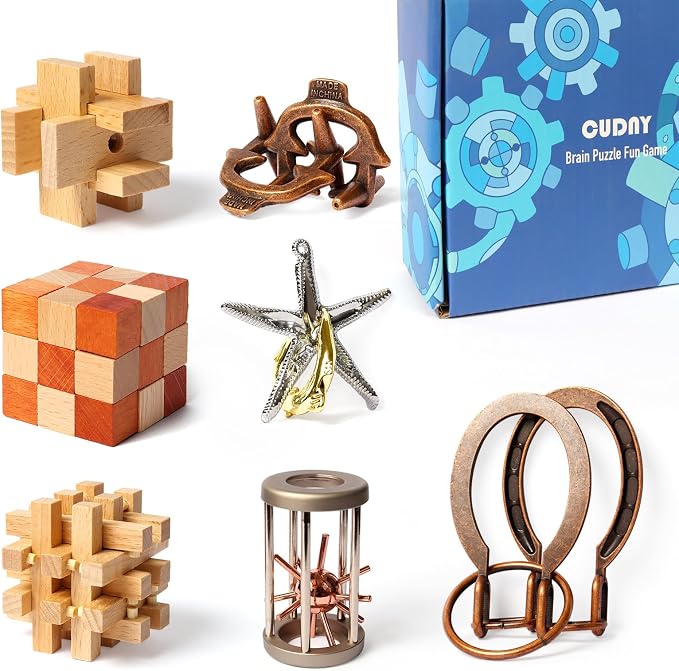 CUDNY 7 Pieces Cool Mind Puzzles Unlock Interlock Brain Teaser Games for Adults and Kids Wooden and Metal Puzzles IQ Logic Fun Box
