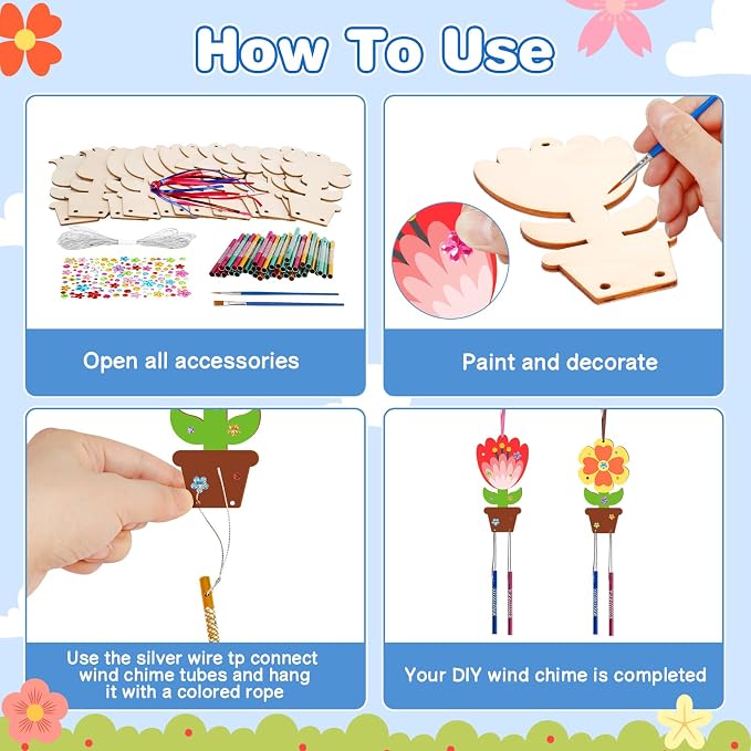 Fennoral 12 Pack Flower Wind Chime Craft for Kids Make You Own Flower Wind Chimes Ornaments DIY Coloring Wooden Art and Craft for Summer Classroom Art Activities Birthday Decorations