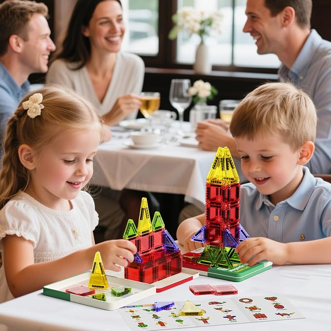 Magnetic Tiles Travel Storage Mini STEM Blocks Festive Box 26PCS 3+ | STEM magnetic building tiles with festive travel box. Great for road trips, airplanes, Montessori play & on-the-go fun