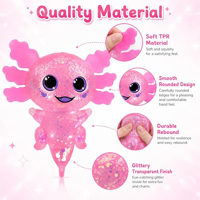 Axolotl Squishy Stress Ball, Soft TPR Slow Rising Squeeze Toy, Cute Axolotl Fidget Toy for Stress Relief, Anxiety Calming Sensory Toy for Kids Adults(Pink BigEars Axolotl)