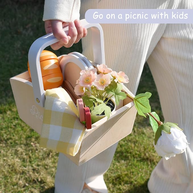 Pillowhale Wooden Picnic Basket Play Food Set – 21 PCS Pretend Kids Kitchen Toy with Blanket, Cutting Fruit & Dual Place Settings – Imaginative Outdoor Role-Play Gift for Toddlers Ages 3+