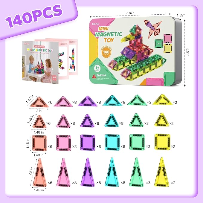 BAIJLE 140PCS Mini Magnetic Tiles, Portable Magnetic Toys Travel Set with Iron Case for Kids Ages 4-8,Creativity Boosting Building Toys Set,Toddler Puzzle Birthday Gift Toys for Boys and Girls Ages 3+