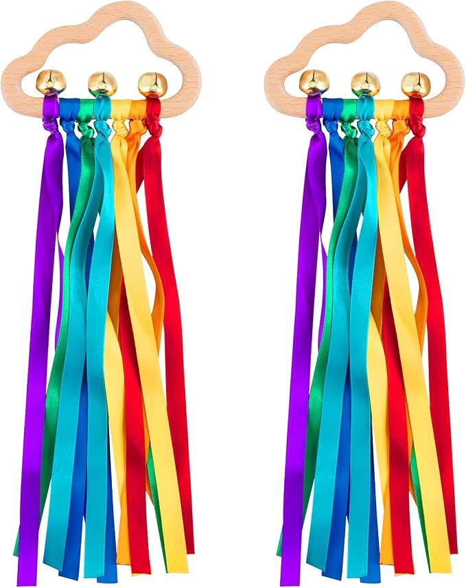 Baby Sensory Wooden Rattle Toys with Rainbow Ribbon - 2PCS | Montessori Wood Rattles Ring Bells Toy with Pull String for Baby 0-12 Months as Newborn Infant Toddler Boy Girl Shower Gifts