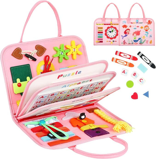 8 in 1 Pink Montessori Toys Busy Board - Sensory Activity Book for Kids | Interactive Preschool Busy Book For Fun Basic Motor Skills Educational Toys,Airplane Travel Essentials, Girls Birthday Gift