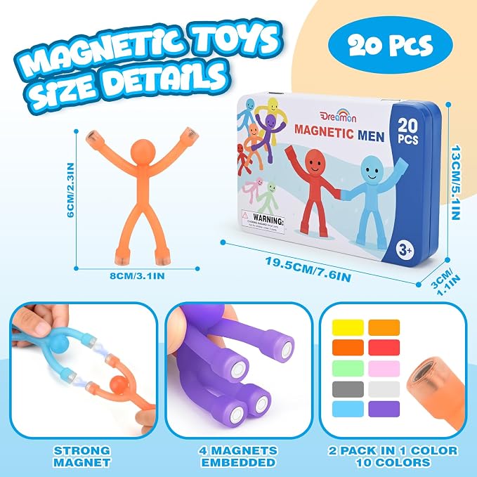20Pcs Magnetic Travel Toys, Magnets Men for Kids with Portable Metal Box | Airplane Car Travel Fidget Toys Road Trip Activities Essential, Classroom Toys for Kids Birthday Stocking Stuffers Gifts