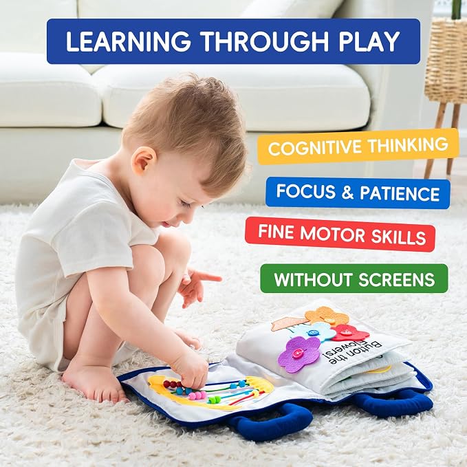 Jollybaby 10 Page Baby Soft Busy Books -My Quiet Book, Travel Toy & Montessori Sensory Educational, Preschool Learning Activities Toy for 1 2 3 Year Old Toddlers Boy Girl(Blue)