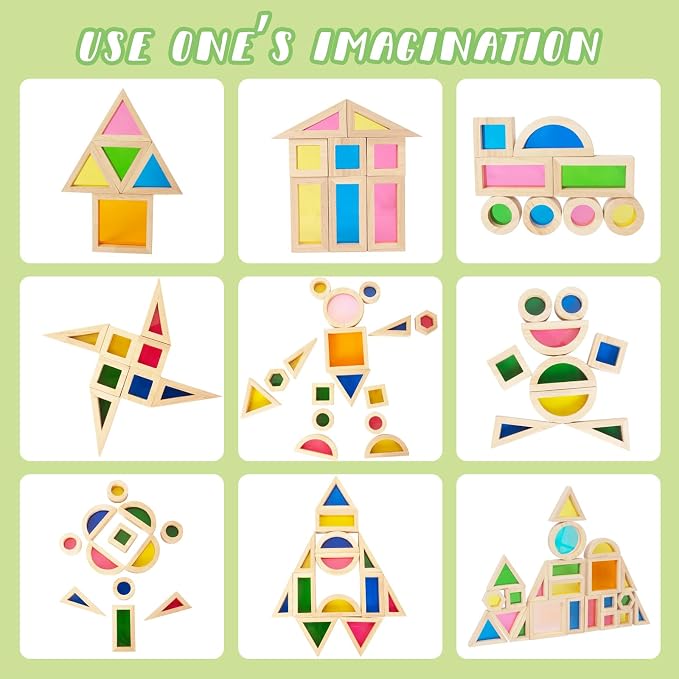 WOODENFUN Wooden Building Blocks Set for Kids, 32 Pcs Rainbow Stacker Game | Stacking Construction Toy,Preschool Colorful Montessori Educational Toy,Geometry Acrylic Blocks,Birthday Gift for Toddlers