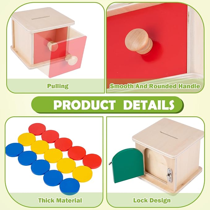 Adena Montessori Coin Lock Box Object Permanence 6-12 Months | Red drawer, red yellow blue coins. Smooth burr-free. Color sorting, hand-eye coordination, fine motor. Learning gift.